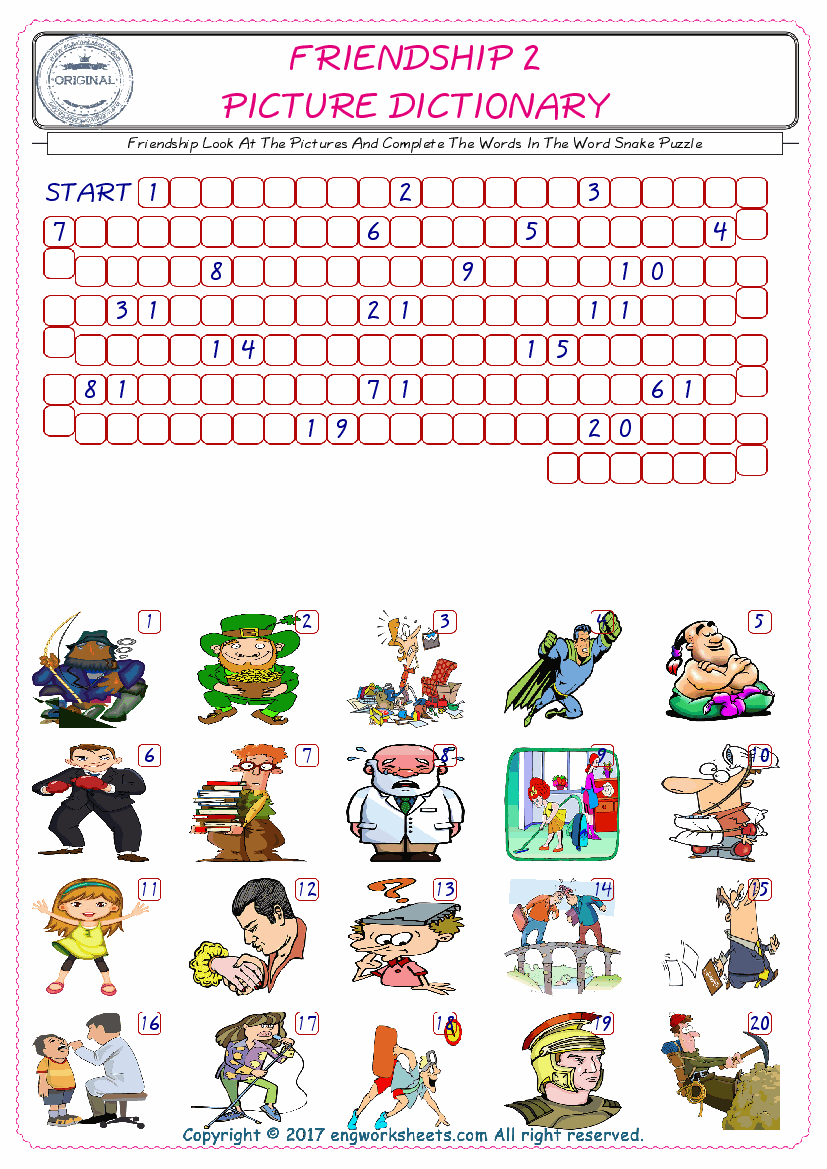  Check the Illustrations of Friendship english worksheets for kids, and Supply the Missing Words in the Word Snake Puzzle ESL play. 
